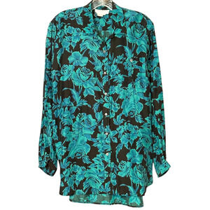 Vintage 80s Adolfo Floral Blouse Button Up Top Colorful Teal Black Retro 11/12